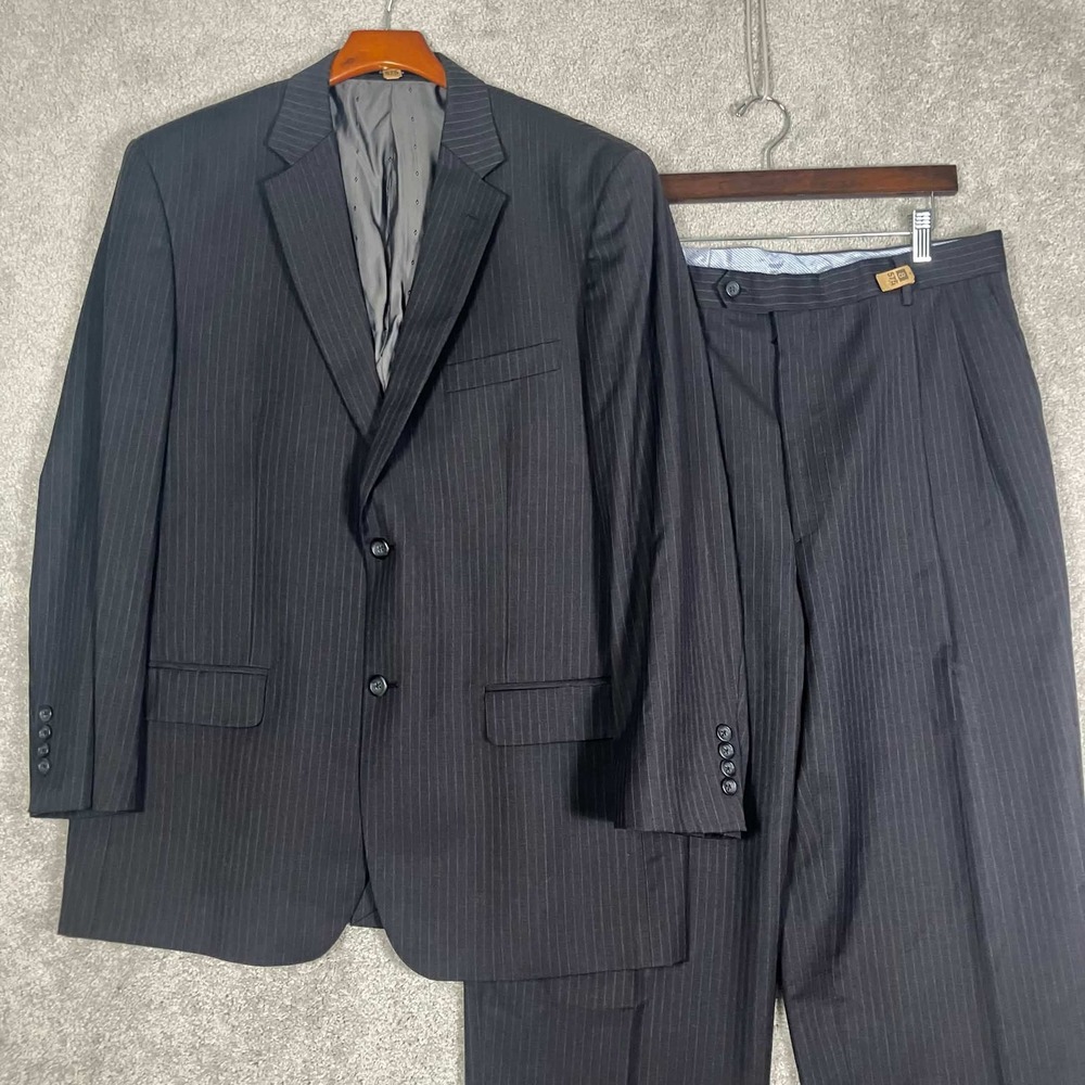 Joseph & Feiss Suit Men 44R 36x28 Black Pinstripe 100% Wool 2 Button Pleated